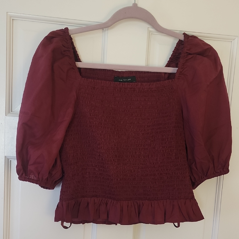 Ann Taylor Wine Smocked Puff Sleeve Blouse